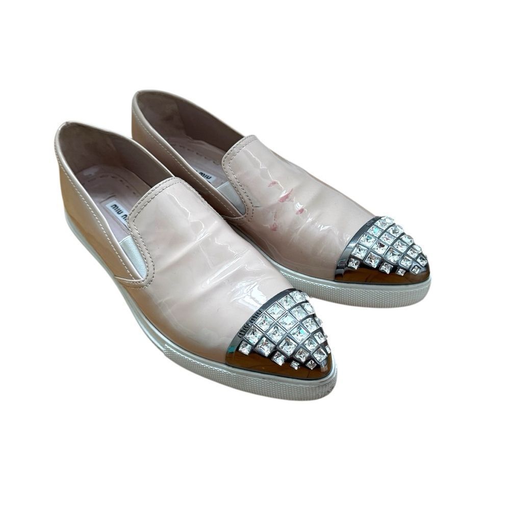 Miu Miu Nude Patent Leather Slip-On Loafers with Crystal Toe Cap
